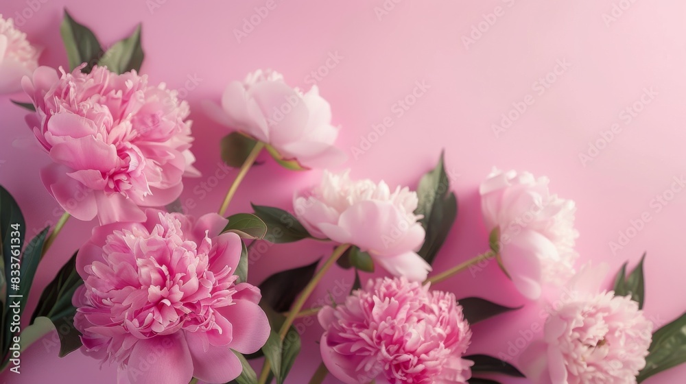 Peony flower frame on pink background, summer floral flat lay. Soft pink background with vibrant peonies creating a frame. Peony flower frame on pink background, summer floral flat lay. Soft pink background with vibrant peonies creating a frame.