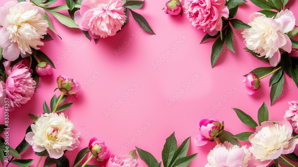 Peony flower frame on pink background, summer floral flat lay. Soft pink background with vibrant peonies creating a frame.