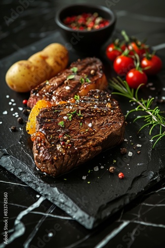 Prime Steak, Potatoes, and Tomatoes on Slate Board