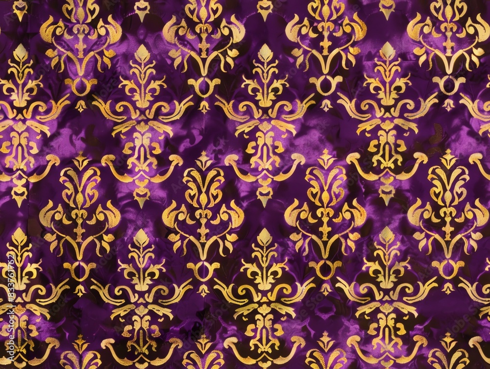 Seamless damask in rich purple and gold, luxurious and elegant, flat lay, soft light Seamless damask in rich purple and gold, luxurious and elegant, flat lay, soft light