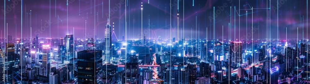 Bangkok, Thailand night city banner with big data, smart city dot point connect with gradient line, technology metaverse concept. Bangkok, Thailand night city banner with big data, smart city dot point connect with gradient line, technology metaverse concept.