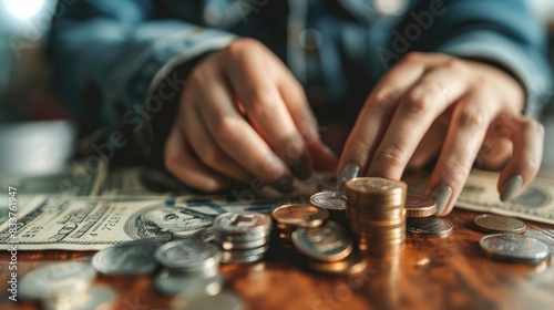 A person counting cash and coins on a wooden table, representing financial activity such as saving or making transactions.