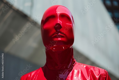 a red plastic mannequin wearing a red jacket standing next to concrete wall photo