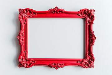 Empty classic vintage frame painted in red on white background with shadows. Frame for picture in art gallery, mockup for advertisement message or inscription. Luxurious vintage. Retro decor, mock up