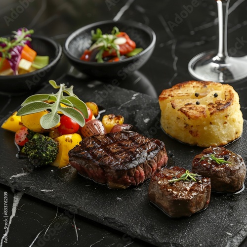 Plate of Steak, Potatoes, Vegetables, and Wine