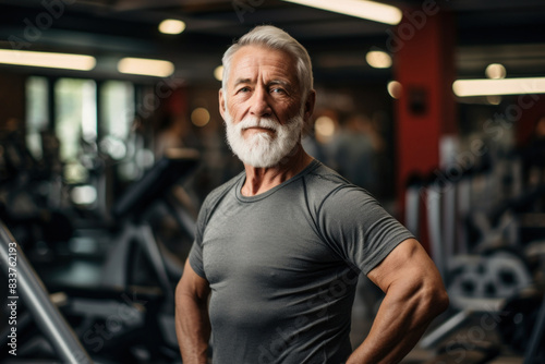 A fit senior man with a white beard and gray hair stands confidently in a gym  wearing a tight gray shirt. The gym setting emphasizes his dedication to fitness and a healthy lifestyle
