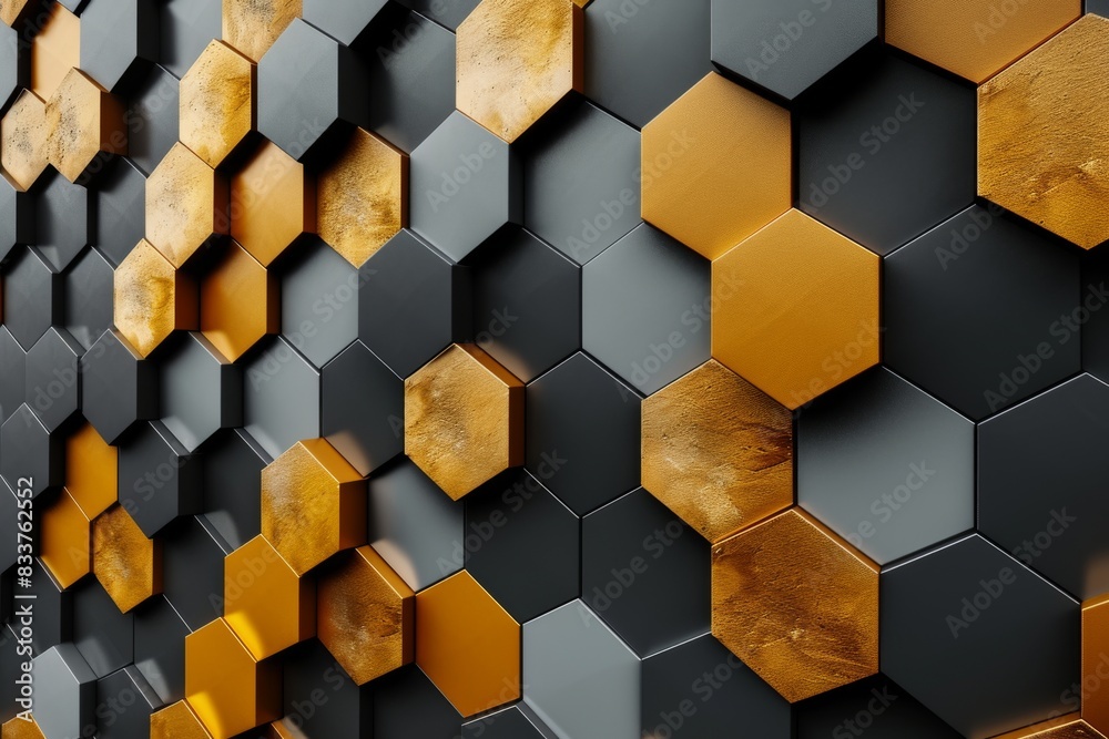 Luxurious digital geometric technology hexagon background banner illustration 3d - Glowing gold, brown, gray, and black hexagonal 3d shape texture wall, AI-generated