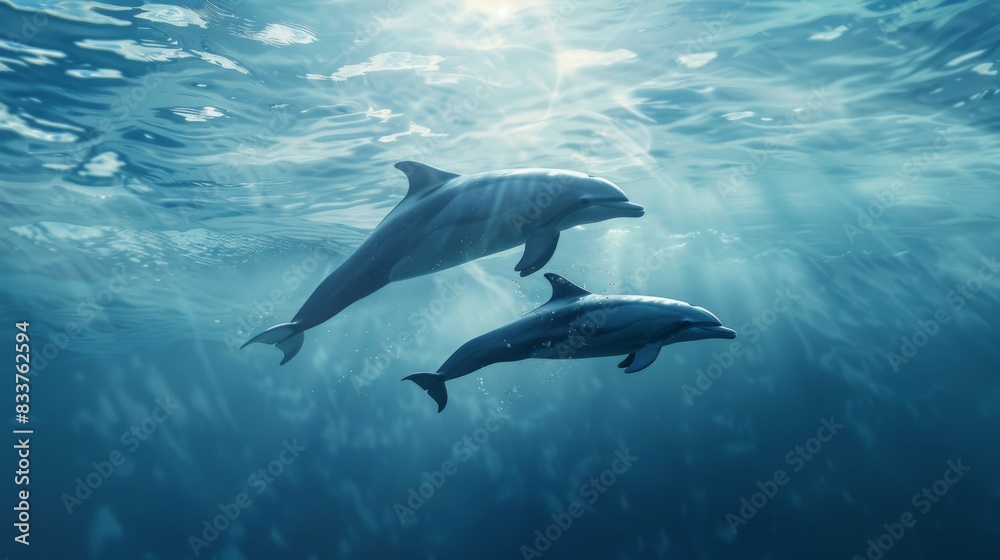 A dolphin mother and her calf swimming side by side in the open sea, symbolizing their strong bond. A dolphin mother and her calf swimming side by side in the open sea, symbolizing their strong bond.