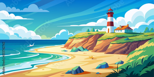 Showcasing the serene and picturesque beach scene on the island of Sylt, Germany, capturing the pristine white sand, rolling waves of the North Sea, and a majestic lighthouse