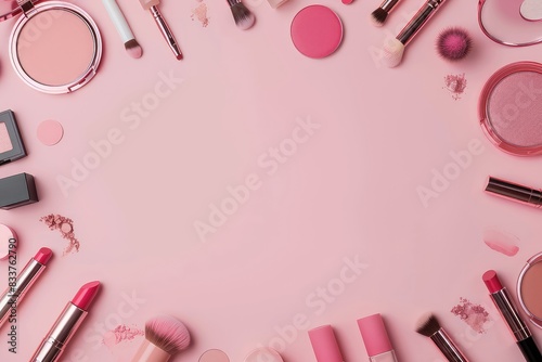 set of professional cosmetics, makeup tools and accessories on pink background, beauty, fashion, shopping concept, flat lay