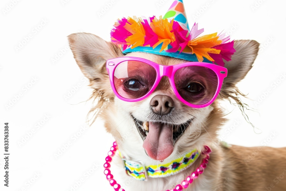 The dog is wearing a colorful summer hat and stylish sunglasses. White background. AI generated. The dog is wearing a colorful summer hat and stylish sunglasses. White background. AI generated.