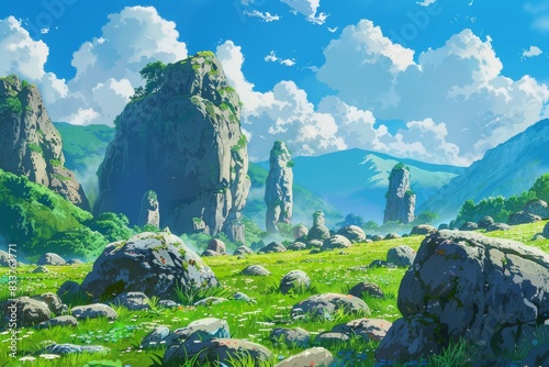 Grassy field with mountainous horizon