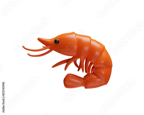 3D render shrimp in plastic style. Delicious Asian seafood. Realistic ocean animal. Cooked in Japanese, Thai dinner. Gourmet protein ingredient for healthy diet. Raw and boiled appetizer in market