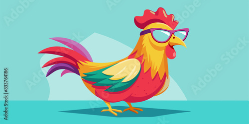 Creative animal concept. Chicken hen in sunglass shade glasses isolated on solid pastel background, commercial, editorial advertisement, surreal surrealism.