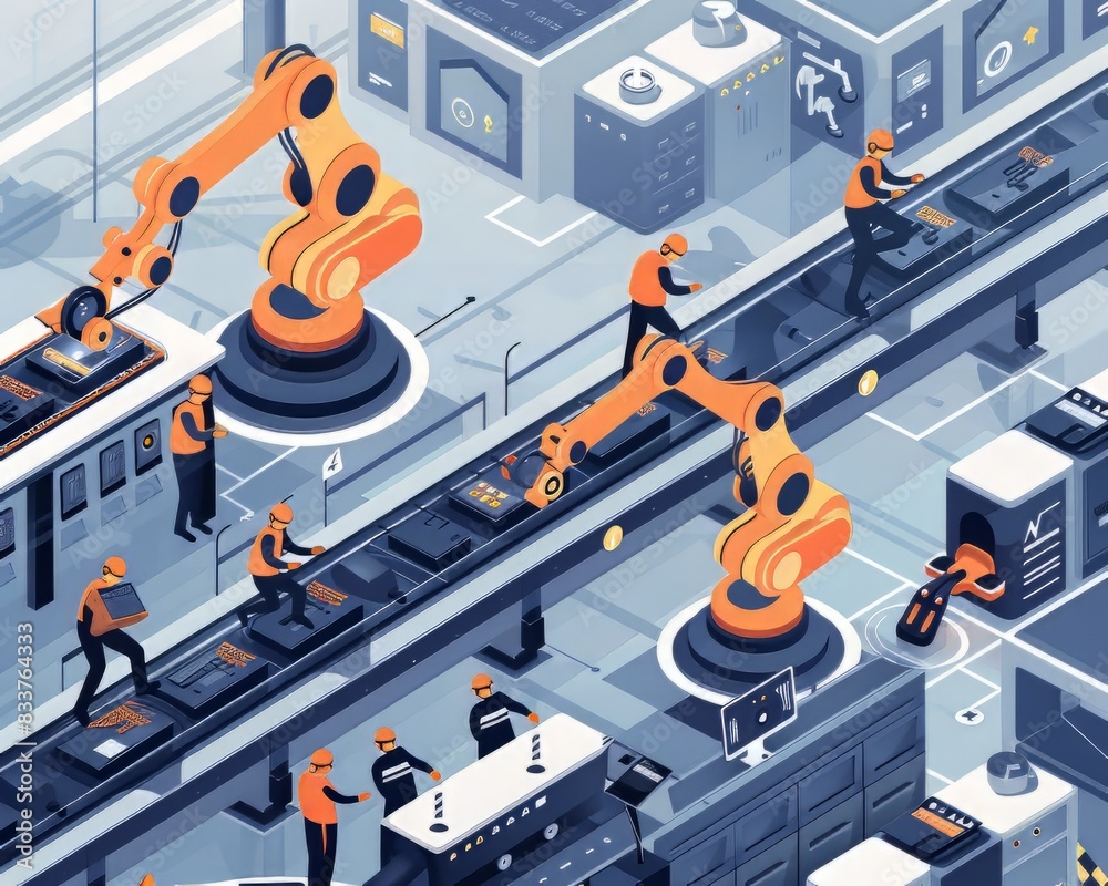 isometric factory with robotic arms and workers