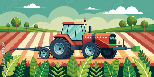 Tractor spraying pesticides fertilizer on soybean crops farm field