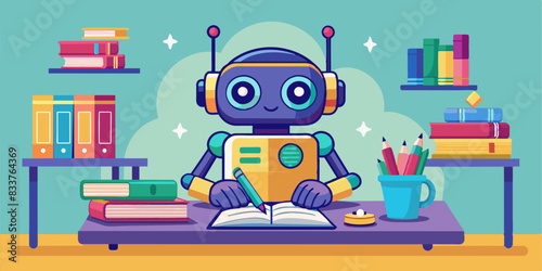 Little cute robot sits at a school lesson at a desk, does homework, cartoon style, schoolchild robot, android student, technological progress, created by ai, school life and chatgpt concept