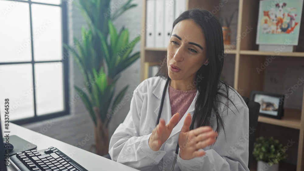 Hispanic woman doctor discussing in a modern hospital office with plants and computer. Hispanic woman doctor discussing in a modern hospital office with plants and computer.