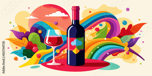 A red wine bottle and a glass of red wine with motion, rainbow colors, abstract watercolor illustration.