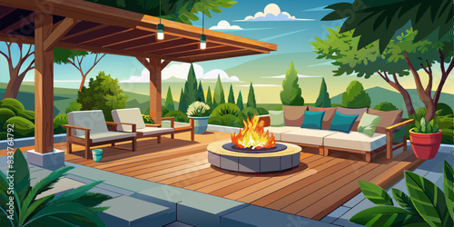 A stylish and inviting outdoor living space with a natural wood deck, a rattan sectional, and a fire pit surrounded by slate tile