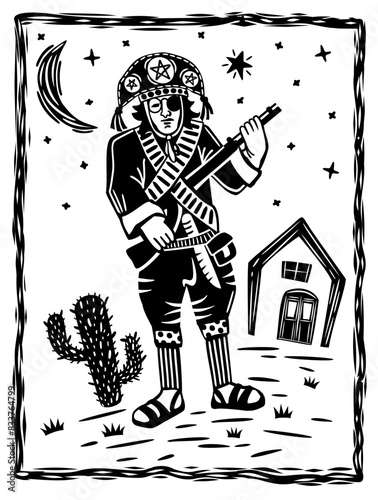 Lampiao. Bandit, folk hero of Brazil. Brazilian cordel style. Northeast woodcut style