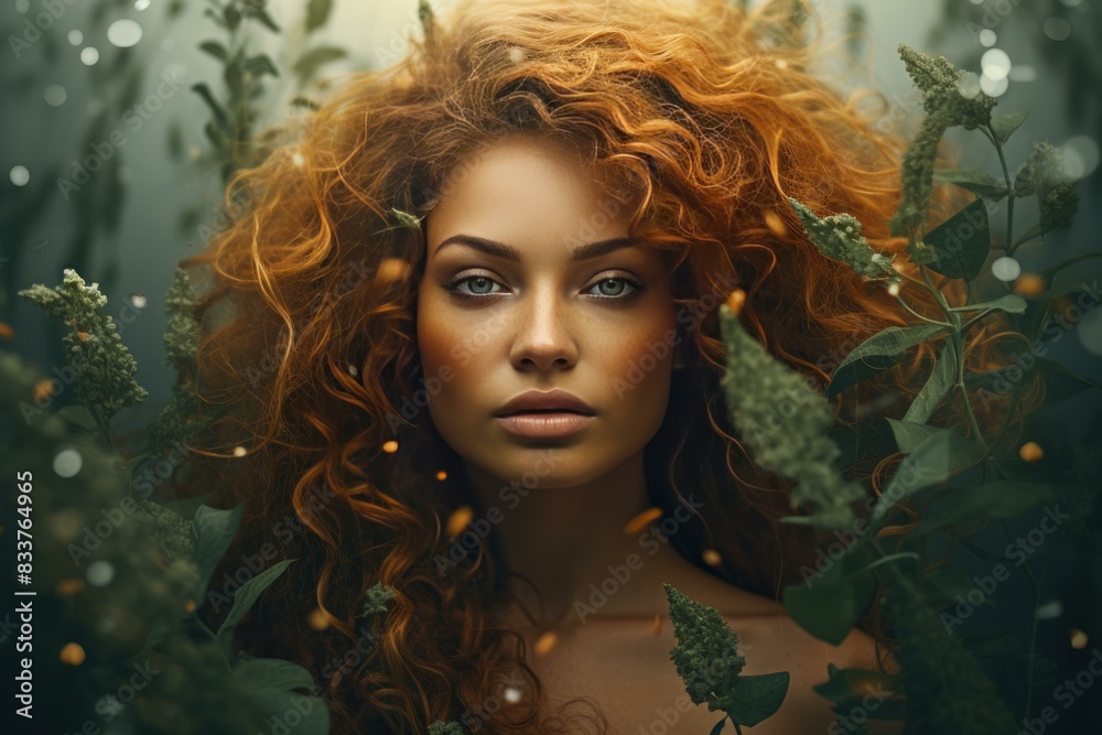 Captivating portrait of a woman with curly red hair amidst lush greenery