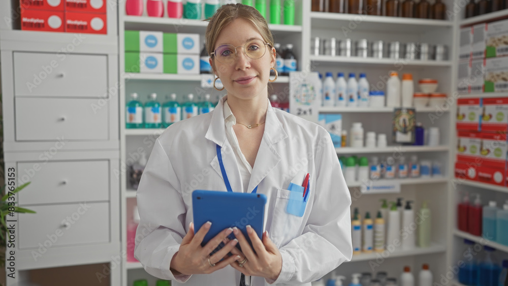 A female pharmacist in a white lab coat holds a tablet inside a modern pharmacy surrounded by shelves of healthcare products. A female pharmacist in a white lab coat holds a tablet inside a modern pharmacy surrounded by shelves of healthcare products.