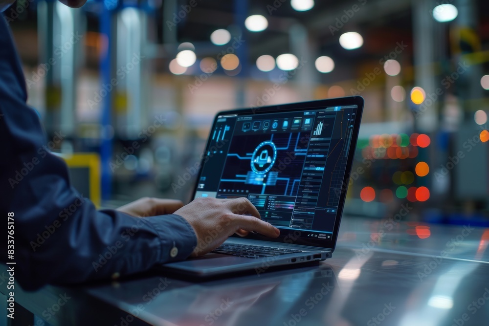 Machine real-time monitoring software used by engineer hand in smart factory, industry 4th IoT, digital manufacturing operation technology. Machine real-time monitoring software used by engineer hand in smart factory, industry 4th IoT, digital manufacturing operation technology.