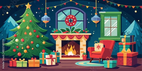 stylish Christmas interior with decorated tree, gifts and fireplace