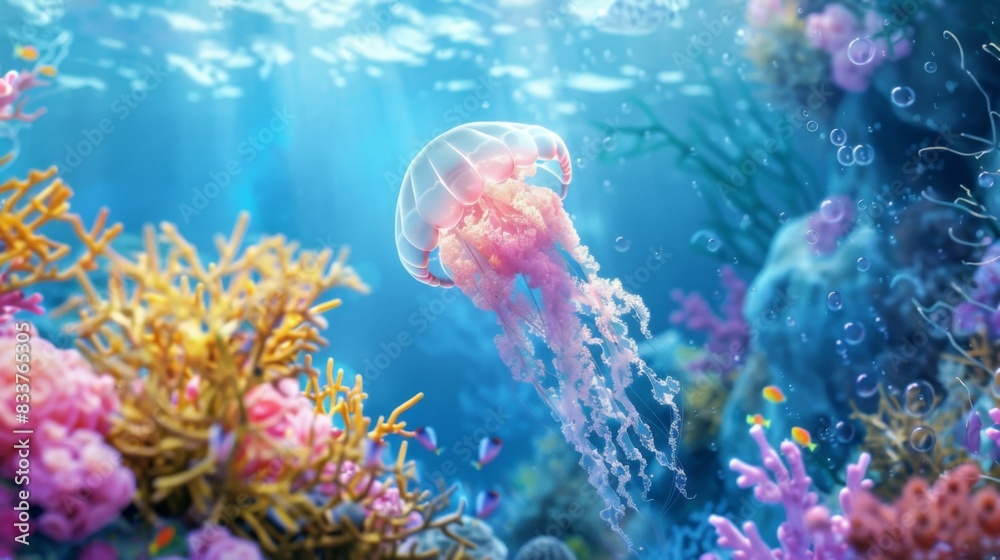 A jellyfish swimming near a coral reef, with colorful corals and fish adding to the vibrant underwater scene. A jellyfish swimming near a coral reef, with colorful corals and fish adding to the vibrant underwater scene.