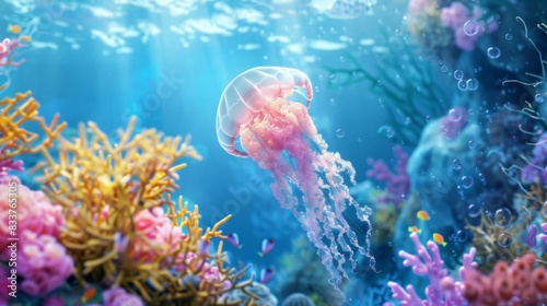 Wallpaper Mural A jellyfish swimming near a coral reef, with colorful corals and fish adding to the vibrant underwater scene. Torontodigital.ca