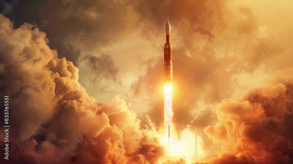 A powerful rocket lifts off from a launchpad amidst clouds of smoke, marking the start of a new space exploration mission.