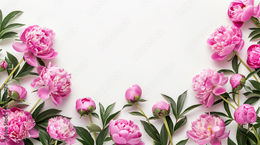Pink peonies and green leaves on a white background. Pink peonies and green leaves on a white background.
