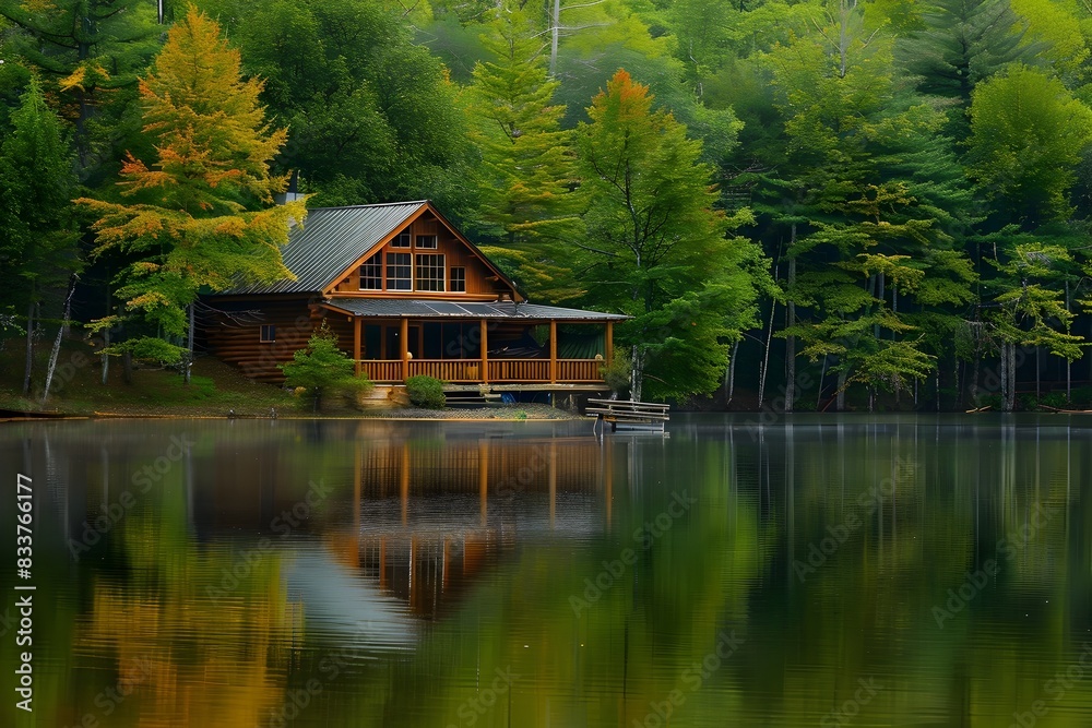 Tranquil Lakeside Cabin Surrounded by Trees