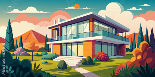 Exterior image of a new modern house with large windows with a garden in a rural area under the beautiful sky