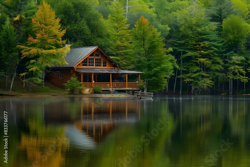 Tranquil Lakeside Cabin Surrounded by Trees © Ratchadaporn