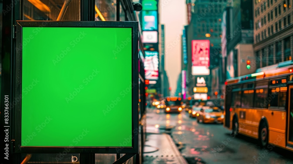 Bus Ad Mockup Focus on a sideofbus ad with a green screen with a busy city background, empty space left for text Bus Ad Mockup Focus on a sideofbus ad with a green screen with a busy city background, empty space left for text