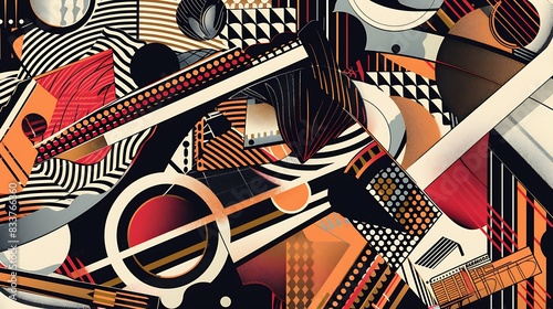 An abstract geometric pattern with a retro and vintage style. The image is full of vibrant colors and has a very dynamic composition. photo