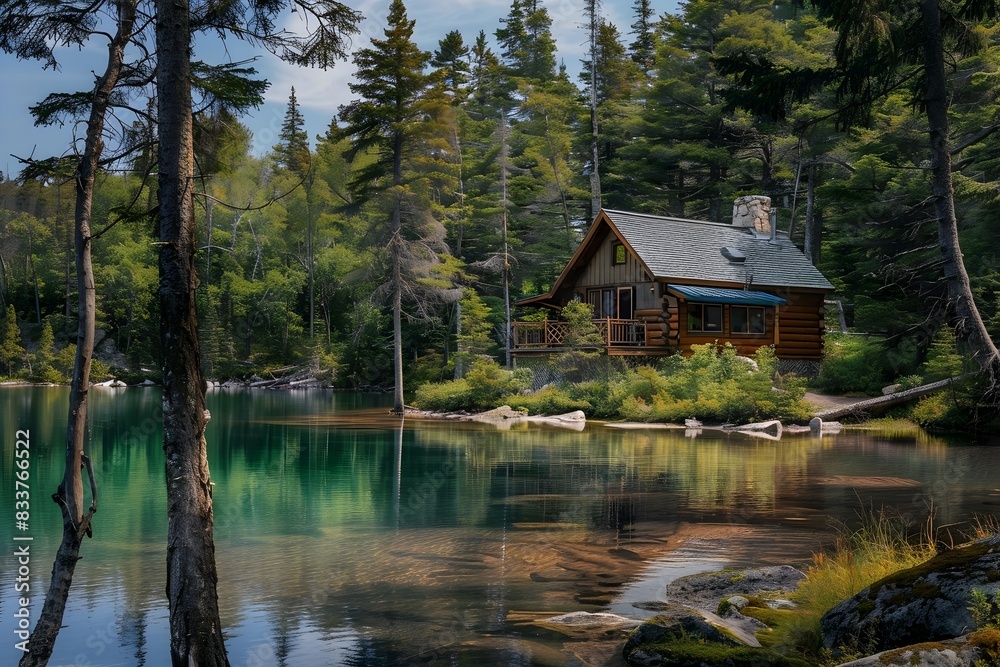 Obraz premium Tranquil Lakeside Cabin Surrounded by Trees