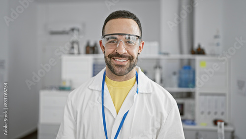 Smiling young hispanic man in lab coat and safety glasses standing in a bright laboratory setting