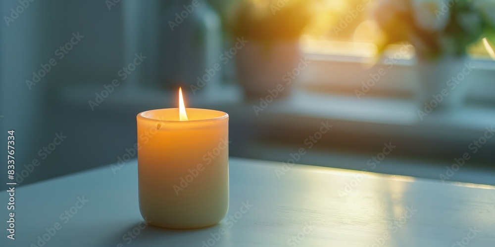 A candle is lit on a table A candle is lit on a table