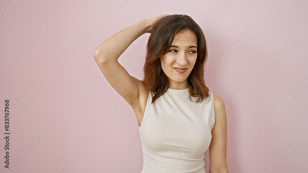 Beautiful young hispanic woman posing with a playful expression against a pink background, exemplifying contemporary lifestyle portraiture. Beautiful young hispanic woman posing with a playful expression against a pink background, exemplifying contemporary lifestyle portraiture.