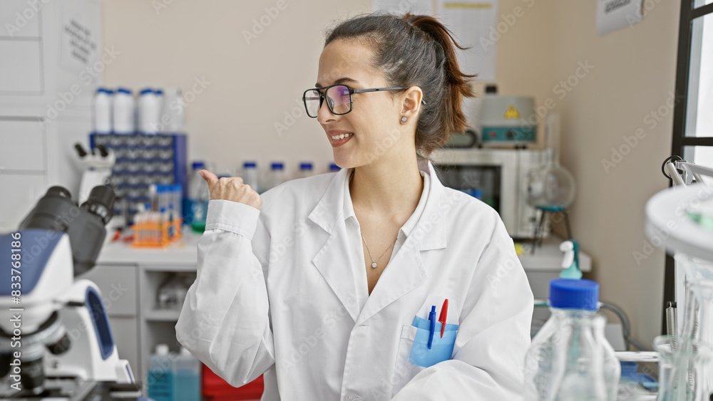 Smiling young hispanic woman scientist in lab coat pointing sideways in a laboratory setting. Smiling young hispanic woman scientist in lab coat pointing sideways in a laboratory setting.