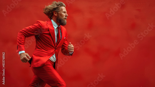 A man in a red suit and a tie is sprinting