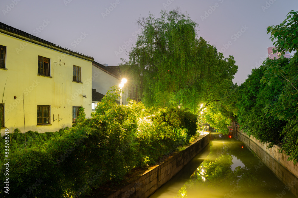Wuliuxiang History Block canal night scenery in Hangzhou, China