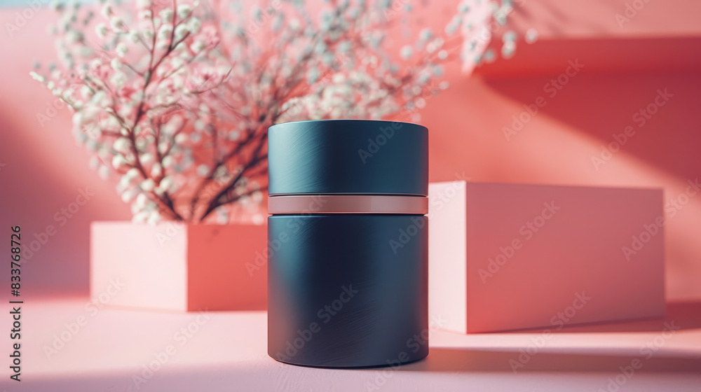 A black container with a gold rim sits on a pink background A black container with a gold rim sits on a pink background