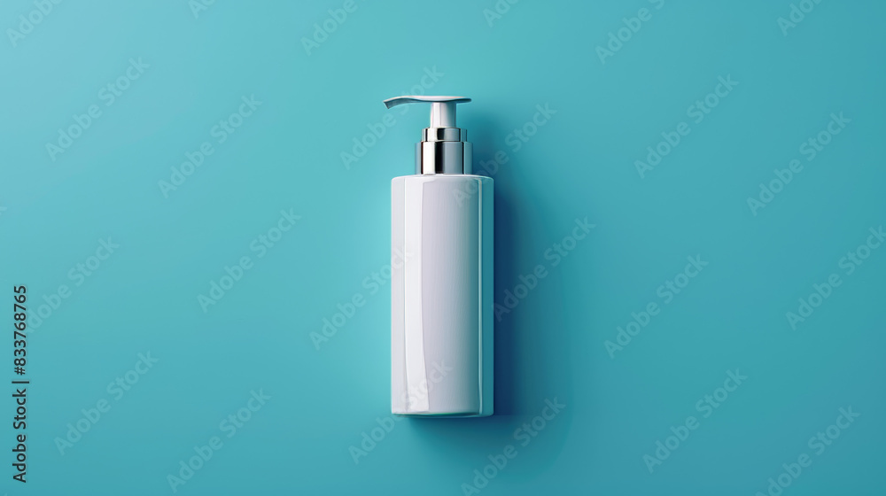 A white bottle of lotion sits on a blue background A white bottle of lotion sits on a blue background