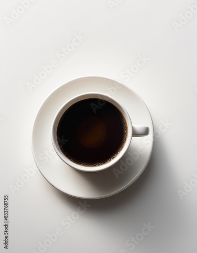 A top-down view of a steaming black coffee in a white cup, placed on a matching saucer. The simplicity and elegance of this image make it suitable for food and beverage promotions, menus, and