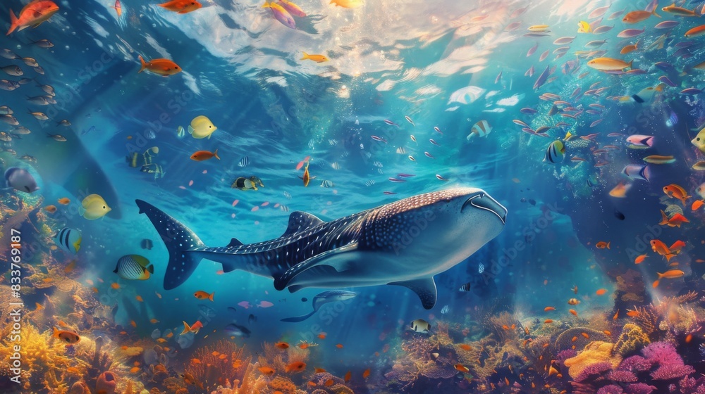 Fototapeta premium A whale shark gliding peacefully through the water, surrounded by schools of colorful fish