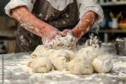 Baker Kneading Dough on Floured Countertop in Bakery Kitchen